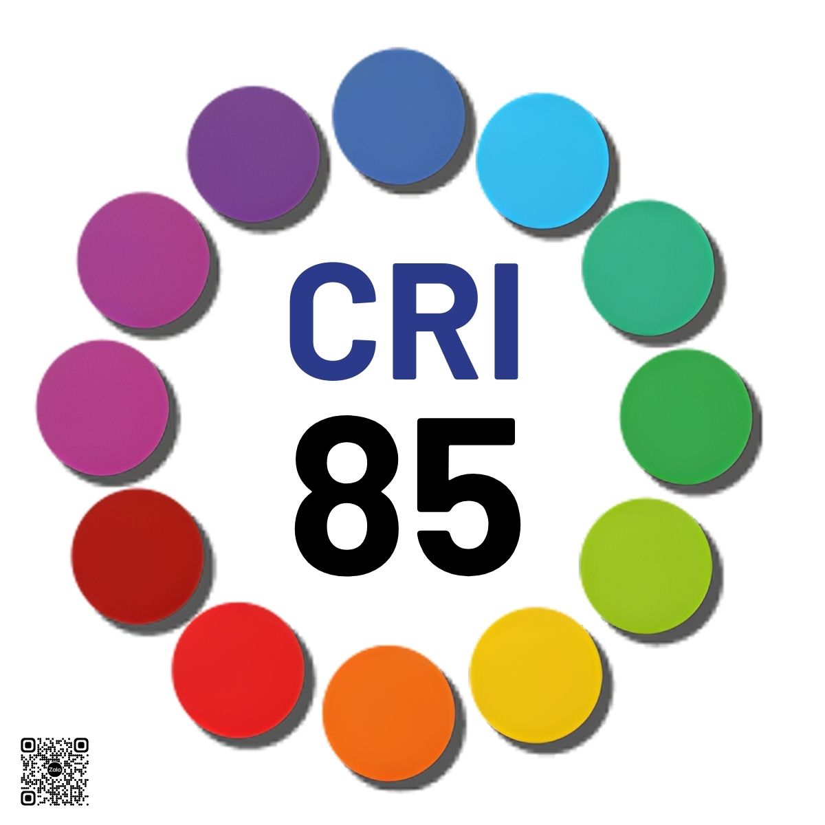 Chỉ số hoàn màu CRI 85 với vòng tròn các màu sắc minh họa chất lượng ánh sáng